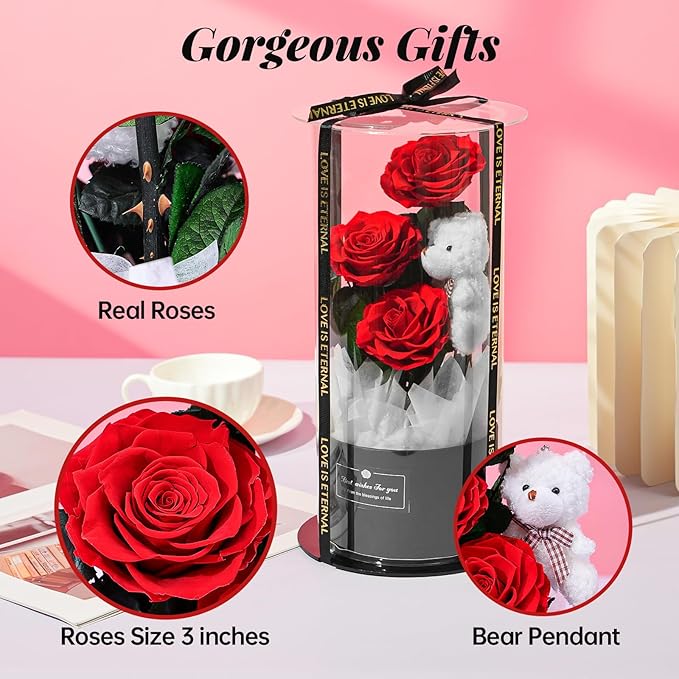 Flowers Forever Roses in A Box, 3 Real Roses with Stems and Bear, Eternal Rose Gifts for Her,Birthday Gifts for Women, Mom,Girlfriend,Grandma,Daughter,Red