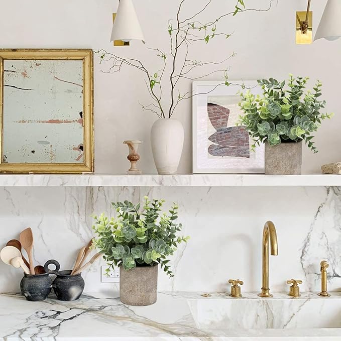 Flojery Small Fake Plants Eucalyptus Potted Mini Potted Plants Artificial Eucalyptus Boxwood Rosemary Greenery in Pots Faux Potted Herbs Small House Plants for Indoor Greenery Tabletop Set of 4