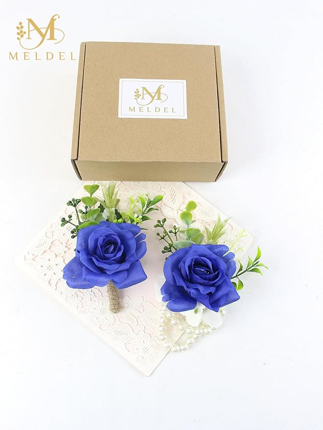 Meldel Boutonniere and Wrist Corsage for Wedding, Set of 2, Pearls Wristlet Corsage for Bride Bridesmaids, Boutonniere for Man Groom Best Man Wedding Flower Accessories Prom Ceremony Party Suit Decor