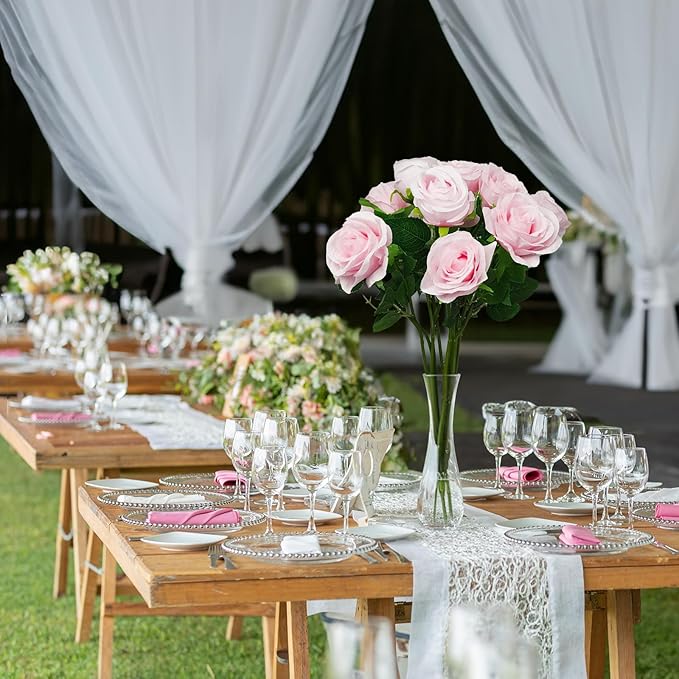 Pink Artificial Roses with Long Stems, 12Pcs Realistic Roses Artificial Flowers, Faux Roses | Bulk Fake Flowers for Home Decor, Wedding Party Table Centerpieces, DIY Bouquet