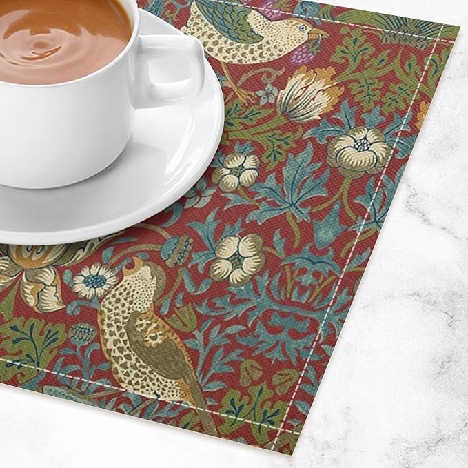 William Morris Floral Placemats Set of 4, Vintage Flower Strawberry Birds Red Place Mats, Heat Resistant Non Slip Cotton Linen Dining Table Mats for Home Kitchen Party 18x12 Inch