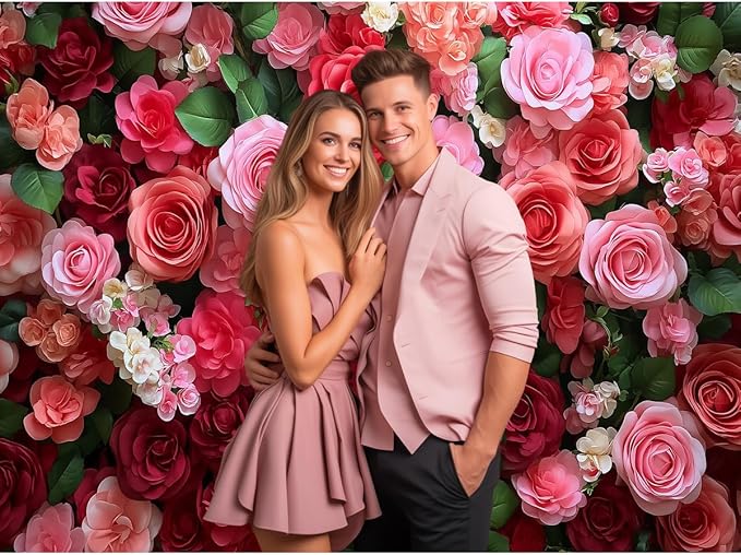 7x5FT Romantic Rose Flower Wall Backdrop Red Pink Floral Background for Wedding Birthday Anniversary Valentine's Day Party Decoration, Photo Booth Banner for Couple Engagement Event Decor 101