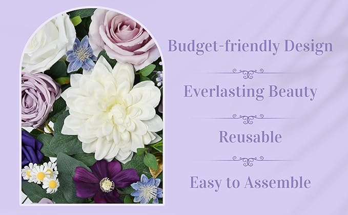Ting's time Wedding Arch Flowers Kit (Set of 5) 2 Pcs Purple Artificial Flower Arrangement 3 Pcs Arch Draping Fabric for Wedding Ceremony Arbor and Reception Backdrop Decoration(Lilac&White)