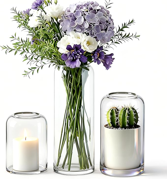Glass Bud Vases Set of 3 Clear Flower Vase for Centerpieces Shelf, 3.9'' 4.9'' 6.7'' Modern Small Vases for Living Room Bedroom Office Home, Decor for Wedding House Warming Party