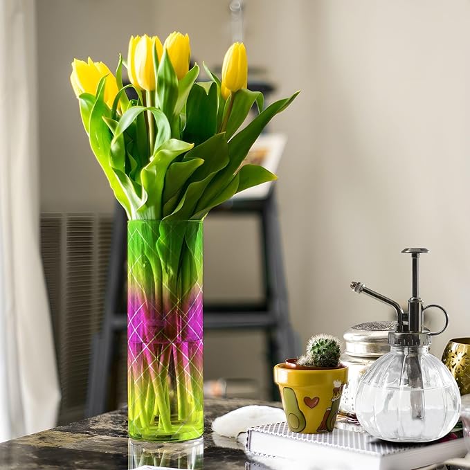 Flower Vase Clear Plastic Cylinder Vases Decor for Centerpieces Home Storage Office Weddings Pink Yellow Gradient Plaid 11.8 x 3.9 in