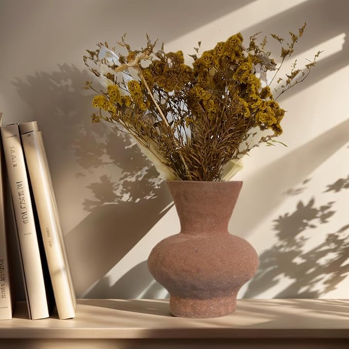 Modern Textured Ceramic Vase, Speckled Light Gray, Curved Hourglass Shape (Brown)