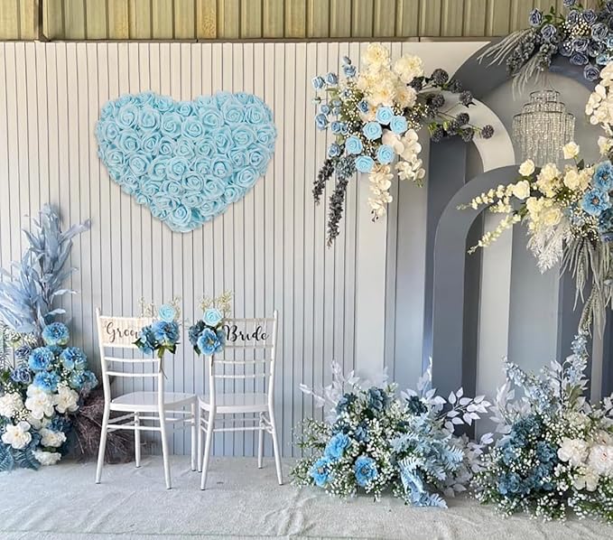 IPOPU Artificial Rose Flower Heads, 100pcs Light Blue Foam Fake Roses Bulk 3in Stemless Flowers for DIY Wedding Baby Shower Centerpieces Arrangements Party Tables Home Decorations (Light Blue)