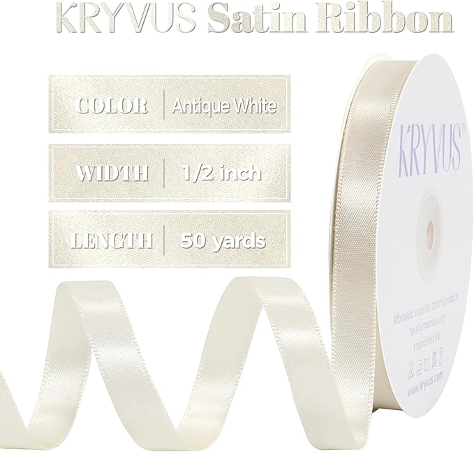 Antique White Satin Ribbon, Double Faced 1/2 Inch X 50 Yards Antique White Ribbon, Premium Satin Ribbon for Gift Wrapping, Crafts, Hair Bow Making, Sewing, Flower Bouquet, Wedding Party Decor