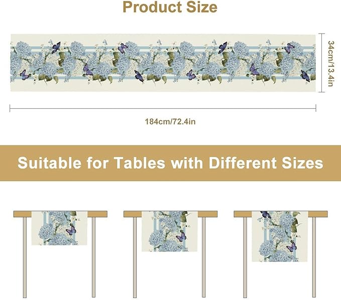 Blue Floral Table Runner, Spring Summer Watercolor Hydrangea Flower Butterfly Country Farmhouse Coffee Table Center Decor for Home Kitchen Dining Patio Holiday Party Table Decorations 13x90 inches