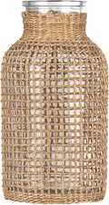 WHJY Boho Glass Vase, Rattan Vase, Farmhouse Rattan Décor, Round Flower Vase Basket Vase for Floral Arrangements -8 inch