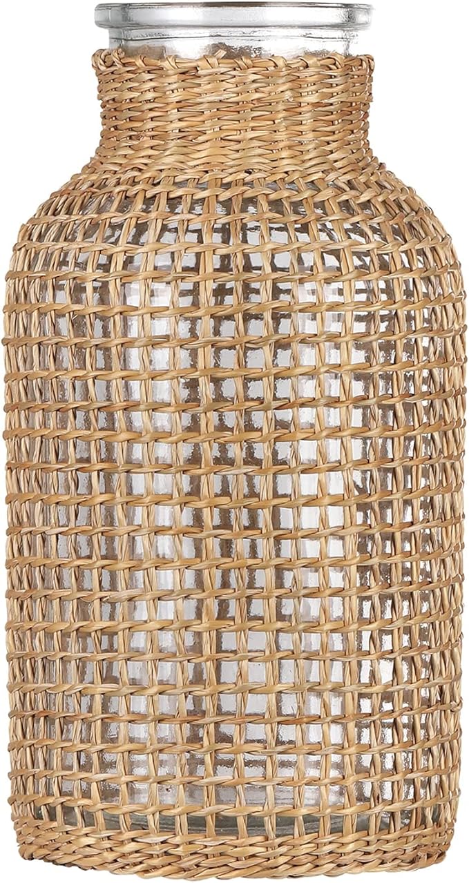 WHJY Boho Glass Vase, Rattan Vase, Farmhouse Rattan Décor, Round Flower Vase Basket Vase for Floral Arrangements -8 inch