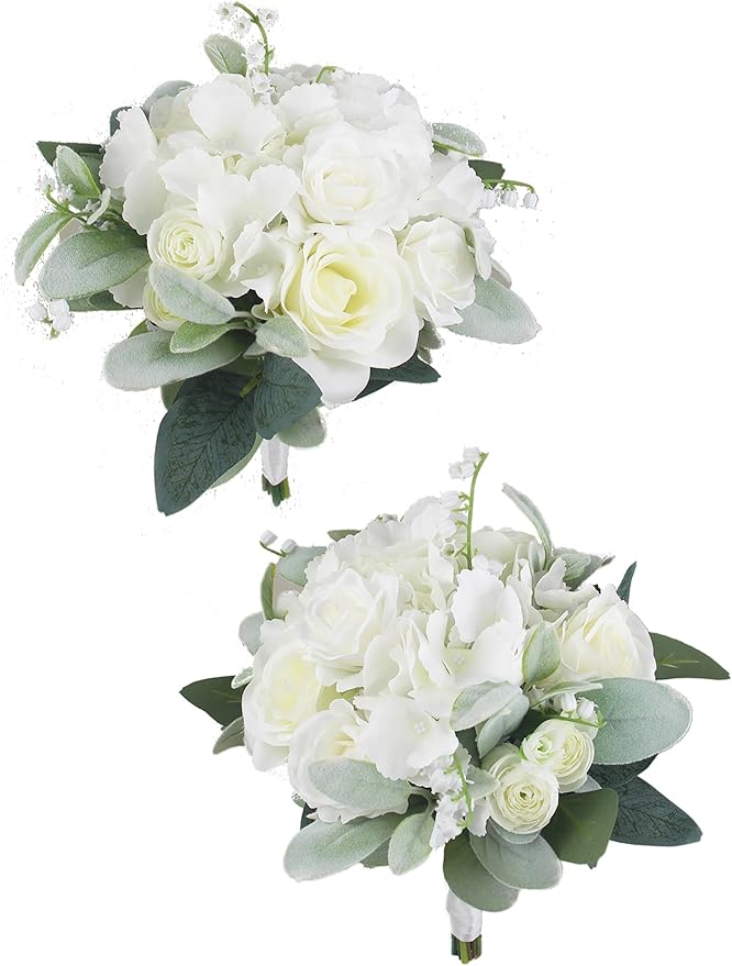 Rinlong 1Pc Wedding Bouquets for Bride Bridesmaids White Hydrangea Artificial Flowers Bridesmaids Bridal Bouquet for Wedding Prom