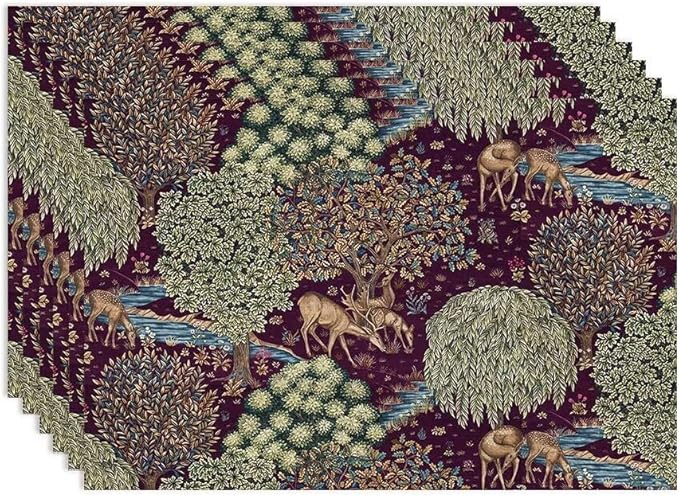 William Morris Flower Placemats Set of 6, Vintage Boho Floral Tree Plant Deers Woodland Animals Place Mats, Heat Resistant Non Slip Cotton Linen Dining Table Mats for Home Kitchen Party 18x12 Inch 1PC
