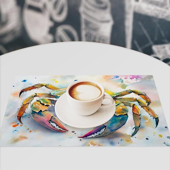 Sea Beach Theme PlaceMats Set of 4 Ocean Crab Pictures Print Washable Placemats Marine Life Animal Table Mats Teal Blue Scratch Proof Table Mats for Kitchen Decor Dinner 4 PCS