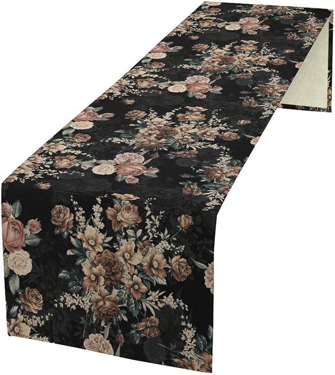 Dark Floral Table Runner, Orange Blossoming Flower Bunch Rose Gothic Black Wildflowers Table Runner for Farmhouse Kitchen Dining Table Decor, 13x108inch