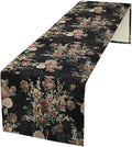 Dark Floral Table Runner, Orange Blossoming Flower Bunch Rose Gothic Black Wildflowers Table Runner for Farmhouse Kitchen Dining Table Decor, 13x70inch