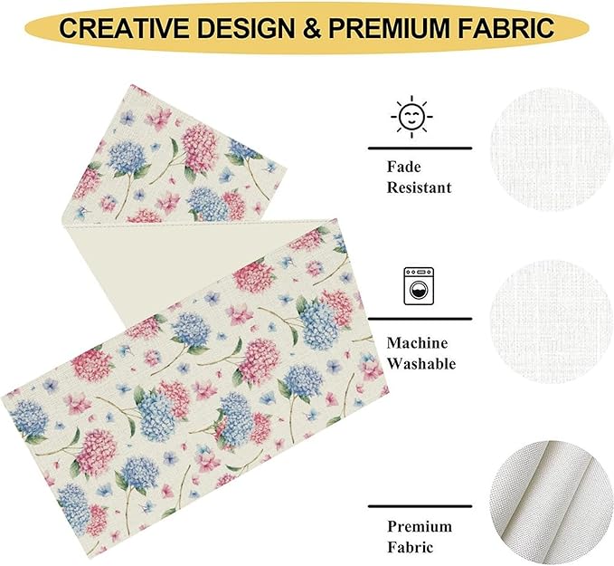 Hydrangea Table Runner, Spring Summer Watercolor Blue Floral Seasonal Country Farmhouse Coffee Table Center Decor for Home Kitchen Dining Patio Holiday Party Table Decorations 13x36 inches