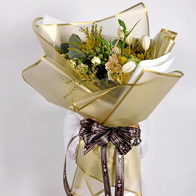 WRAPAHOLIC 20 Sheets Flower Wrapping Paper - 22.4 x 22.4 inch Gold Border Water-Resistant Floral Bouquet Wrapping Paper for Wedding Birthday Gift DIY