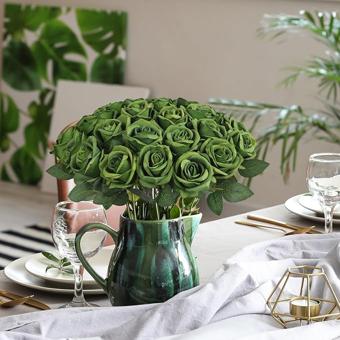 30pcs Fake Roses Artificial Silk Flowers Long Stems Bouquet for Wedding Bridal Shower Party Home Decoration (Green)
