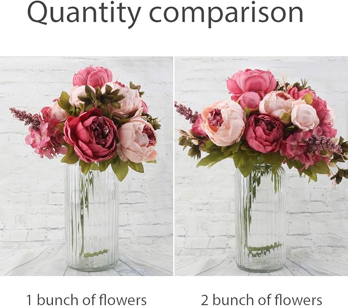 Flojery Silk Peony Bouquet Vintage Artificial Peonies Flower for Home Wedding Party Decor (1pcs, Dark Pink)
