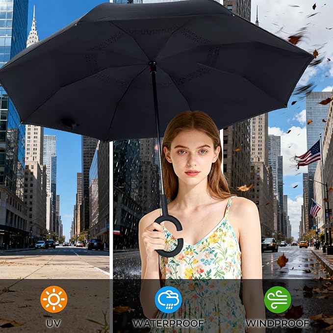 Inverted Umbrella, 49 Inch Double-Layer Vented Reverse Umbrella, Windproof Waterproof UV Protection, Lightweight C-Handle, Fiberglass Ribs, Steel Shaft, Travel/Commute/Car Use, With Sleeve