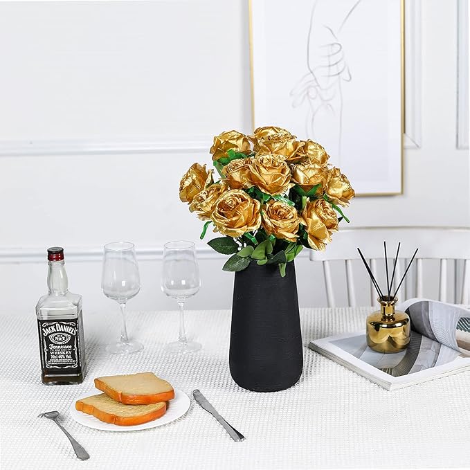 Nubry Artificial Silk Rose Flower Bouquet Lifelike Fake Rose for Wedding Home Party Decoration Event Gift 10pcs (Gold)