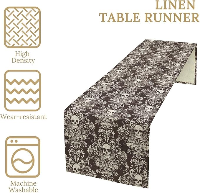 Gothic Table Runner,Damask Skull Victorian Black Floral Boho Table Runner for Home Kitchen Table Dining Garden Farmhouse Wedding Party Decor 13x90 Inch