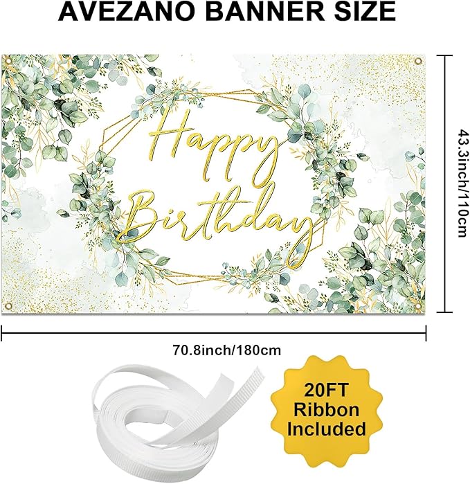 Avezano Sage Green Birthday Backdrop Greenery Eucalyptus Leaves Birthday Party Background Bday Party Decorations for Women Adults 6 x 3.6 ft