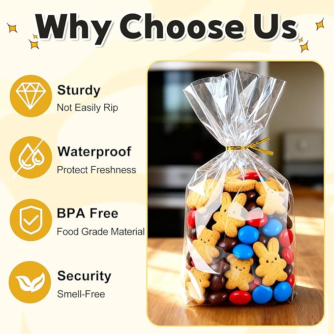 PigPotParty Cellophane Treat Bags 6"x9", 50 Pack Clear Goodie Bags, Bottom Gusset for Stand-Up Display, Small Plastic Gift Wrap for Cookies, Candy, Party Favors, Popcorn, Includes 50 Gold Ties