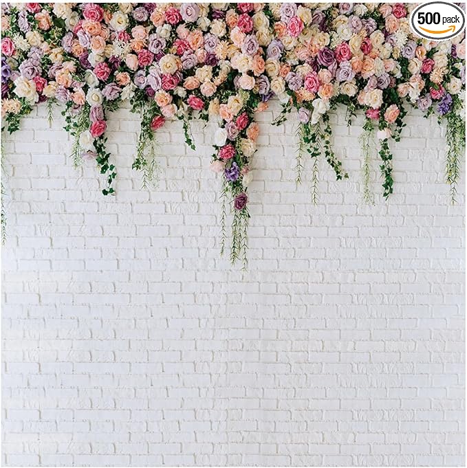 10X10FT White Brick with Flowers Backdrop Occasions Mother's Day Wedding Bridal Shower Birthday Party Banner Background Supplies DH-357