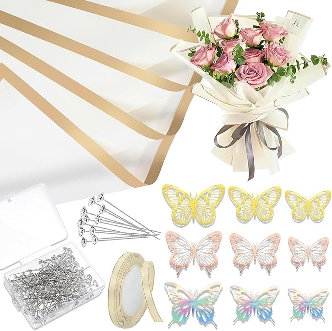 YOUlDIANZI Bouquet Wrapping Paper Kit - 20 Sheets Waterproof Floral Paper in Black, Pink, Beige With Ribbons, Flower Pins, 3D Butterflies for Florist Wrap