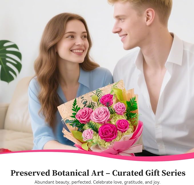 Forever Flowers Gifts for Her, Preserved Flowers Bouquet Birthday Gifts for Women, Preserved Roses for Grandma Wife Anniversary Valentine's Day Mother's Day (7Roses, Hot Pink)