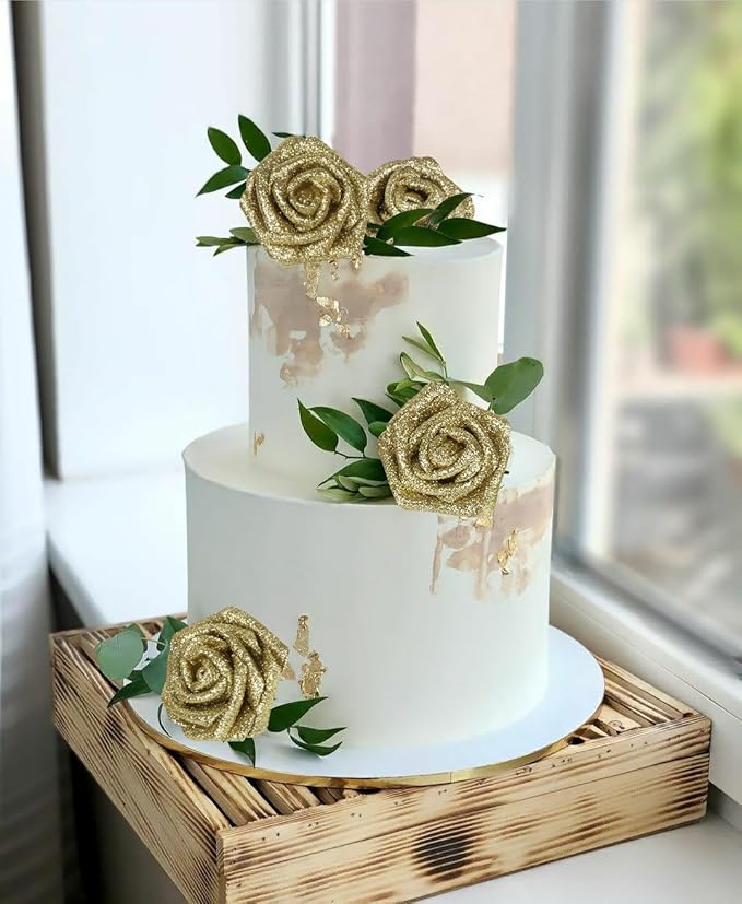 Gold Glitter Roses, 50PCS Fake Roses 2.76" Gold Flowers Artificial for Decoration Wedding Christmas Home Table Floral Arrangement