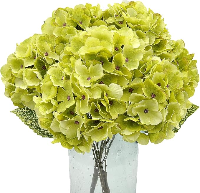 2Bouquets Artificial Fake Flowers Plants Silk Hydrangea Arrangements Wedding Bouquets Decorations Plastic Floral Home Kitchen Garden Party Festival Bar DIY(Chartreuse,5 Flower Heads)