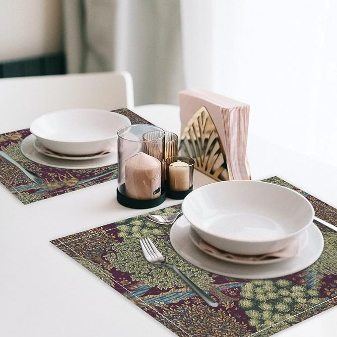 William Morris Flower Placemats Set of 6, Vintage Boho Floral Tree Plant Deers Woodland Animals Place Mats, Heat Resistant Non Slip Cotton Linen Dining Table Mats for Home Kitchen Party 18x12 Inch 1PC