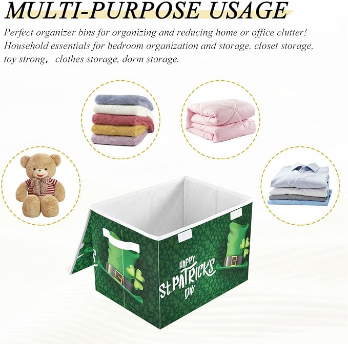senya St. Patrick's Day Storage Baskets Collapsible Storage Bins with Lids, Saint Patrick's Day and Green Hat on Shamrock Storage Boxes Clothes Baskets for Organizing