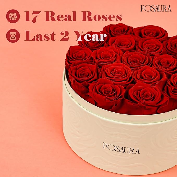 Rosaura Round Preserved Roses Gift Box - Real Forever Flowers for Birthday, Valentine's & Mother's Day (red, 17 Roses)