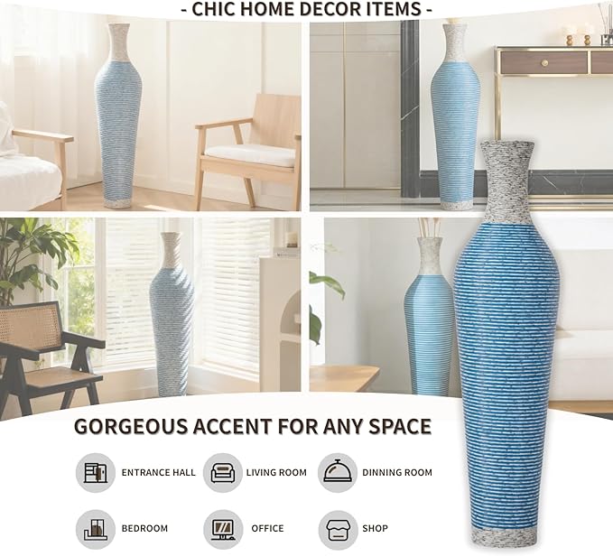 39-Inch Tall Vintage Floor Vase - Premium PVC Rattan Weave, Large Blue and White Striped Standing Vase, Flower Holder for Home Decor (Blue)