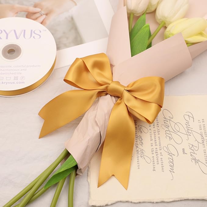 Old Gold Satin Ribbon, Double Faced 1-1/2 Inch X 25 Yards Old Gold Ribbon, Premium Satin Ribbons for Gift Wrapping, Crafts, Hair Bow Making, Sewing, Flower Bouquet, Wedding Party Decor