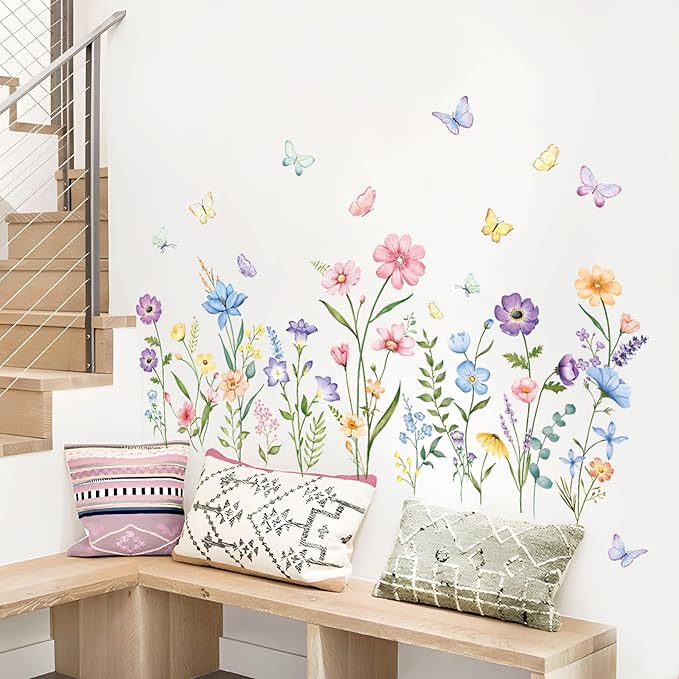 Flower Wall Decals Watercolor Wildflower Grass Butterflies Wall Stickers Peel and Stick Wall Art Decor for Girls Bedroom Living Room Home Office Wall Decor
