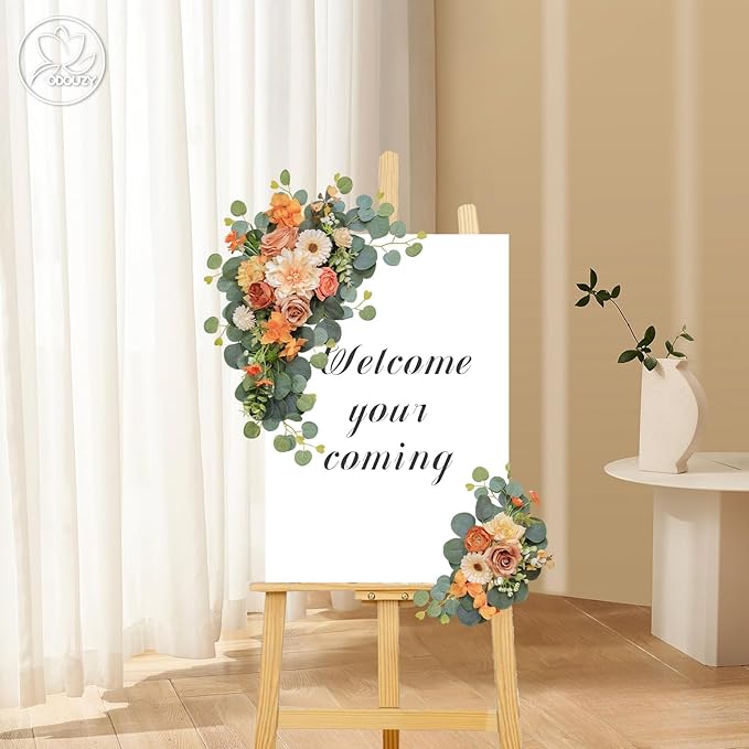 Artificial Wedding Arch Flowers for Wedding Sign,Set of 2 for Wedding Welcome Ceremony Sign,Faux Floral Swags,Wedding, Banquet and Reception Backdrop Floral Decoration (Orange)