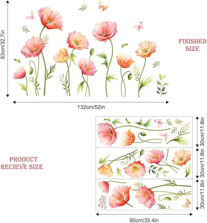 Large Pink Floral Wall Decals Poppy Flower Butterfly Wall Stickers Peel and Stick Autumn Floral Wall Art Decor for Living Room Bedroom Office TV Sofa Backdrop Home Decor Gifts for Mom
