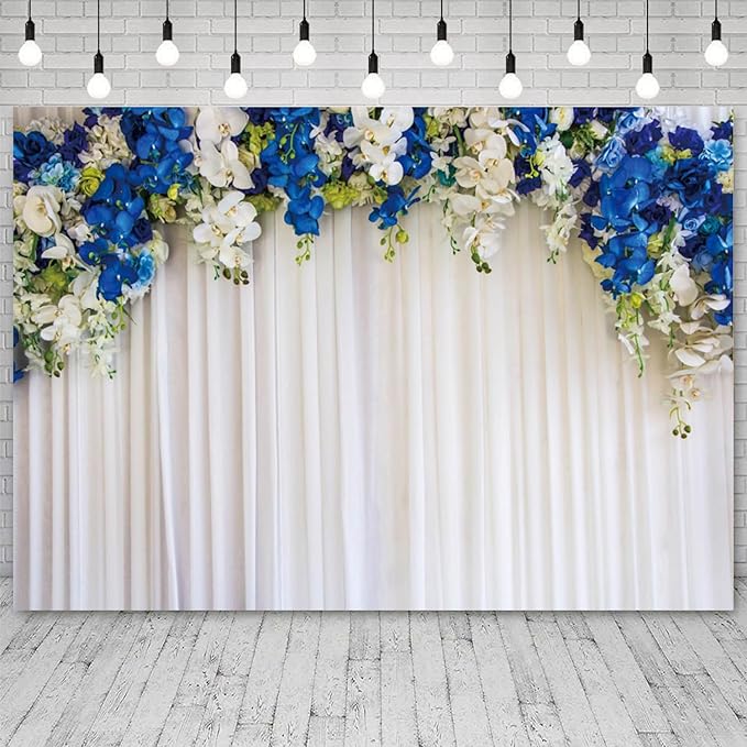 12x8ft White Wedding Backdrop White Blue Floral Flowers Photography Background Bride Groom Ceremony Party Bridal Shower Banner Decorations Engagement Proposal Portrait Photo Booth Prop