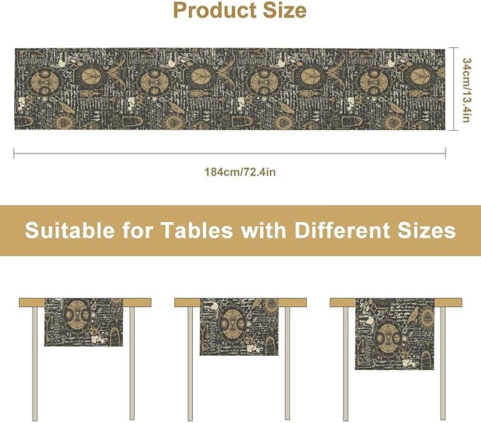 Gothic Table Runner,Black Gold Vintage Theme Print Table Runner for Home Kitchen Table Dining Garden Farmhouse Wedding Party Decor 13x120 Inch