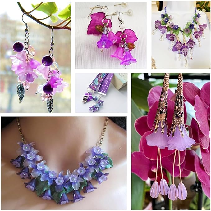 Crafans 50Pcs Frosted Acrylic Flower Beads 17.5x12x1.5mm Transparent Floral Pendants Clear Flower Bead Caps Loose End Spacer Beads for Jewelry Making (Medium Violet Red)