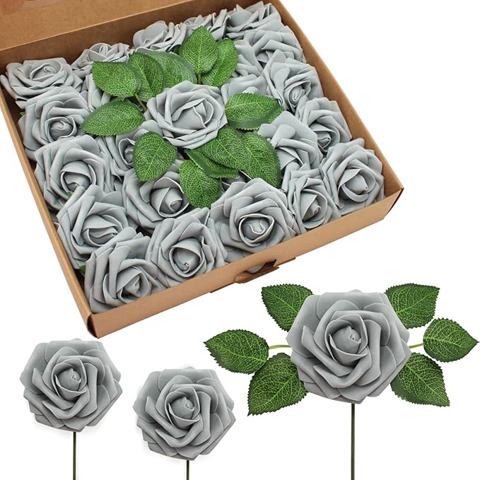 JOYLEX 100Pcs Grey Artificial Flowers Realistic Roses, Real Looking Fake Roses with Stem for DIY Wedding Bouquets Centerpieces Bridal Shower Party Home Romantic Decorations (Grey,100pcs)