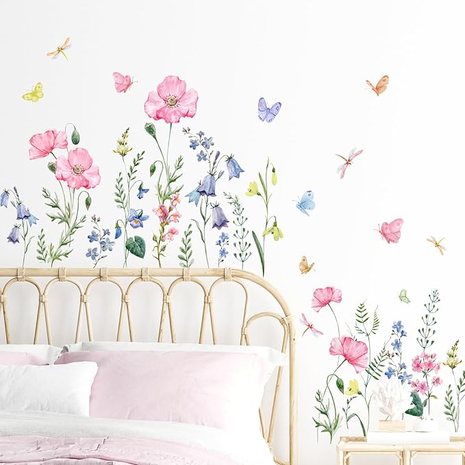 Supzone Watercolor Wildflower Wall Decals Colorful Garden Flower Grass Butterflies Wall Stickers for Girls Bedroom Living Room Home Office Wall Decor