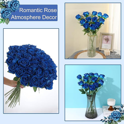 12Pcs Blue Roses Artificial Flowers Fake Roses Faux Velvet Silk Flower for Home Wedding Decoration (Pearl Rose, Blue)