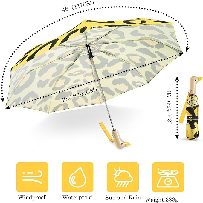 Cute Duck Umbrella Automatic - Compact Pretty Pocket Size Strong Duck Collapsible Umbrella Yellow Wooden Handle for Women