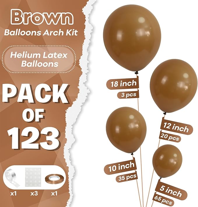 Togvu Brown Balloons Different Sizes, 123 Packs Boho Brown Balloons, Pack of 18 12 10 5 Inch Neutral Tan Brown Balloons Garland Arch Kit for Birthday Baby Shower Bear Theme Party Decoration, Khaki